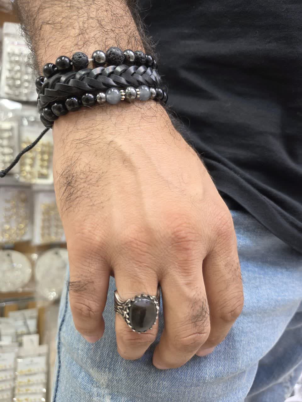 پک سه تیکه دستبند چرمی و مهره ای زنانه و مردانه